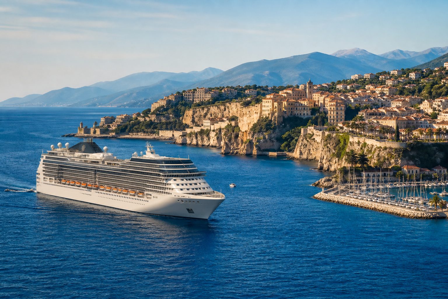 Crucero moderno navegando frente a una localidad costera del Mediterráneo