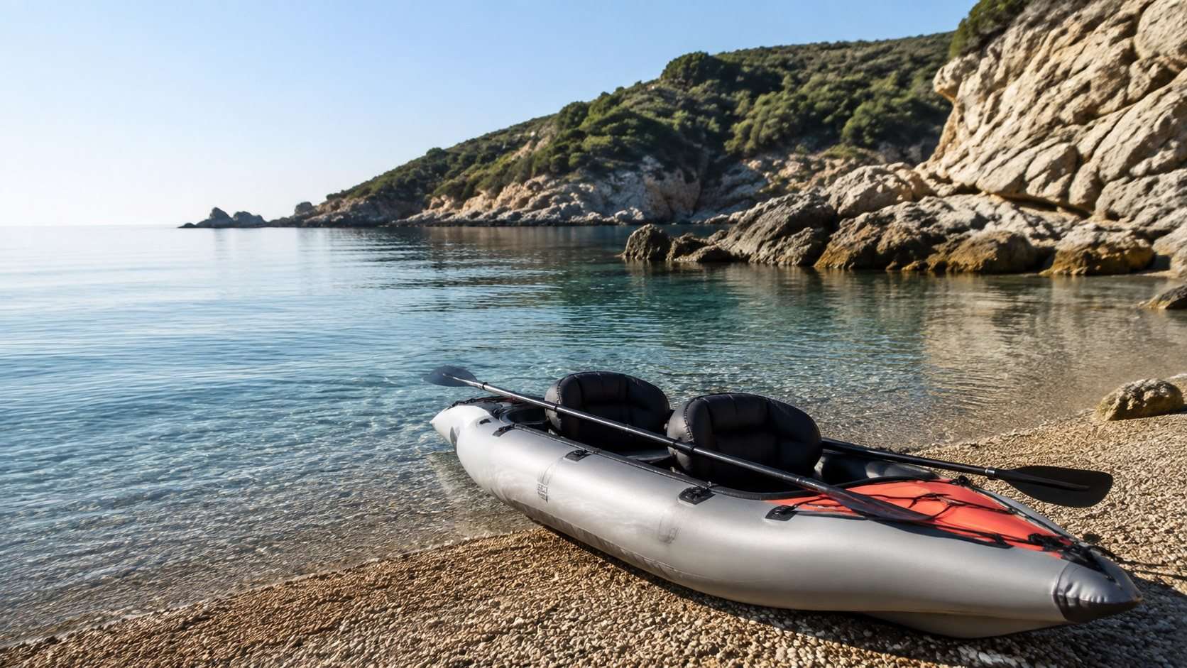 Kayak hinchable preparado en una cala rocosa de aguas tranquilas